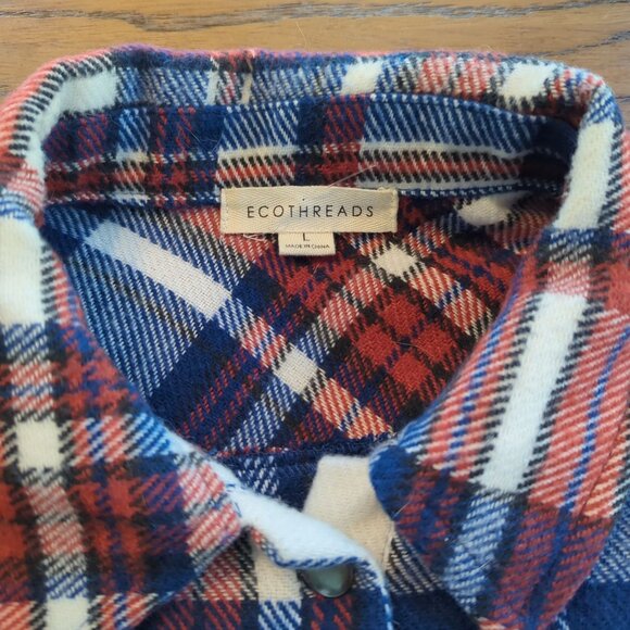 Eco Threads Plaid Flannel Women's Shirt Size L Blue Red White Snap Front soft - Picture 7 of 16